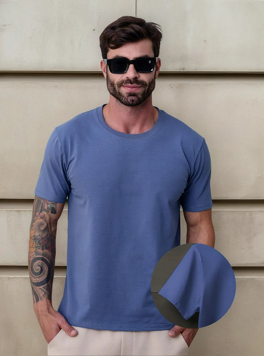 Camiseta Basica Masculina Algodão Lisa Malha Peruana Premium Azul-Aço