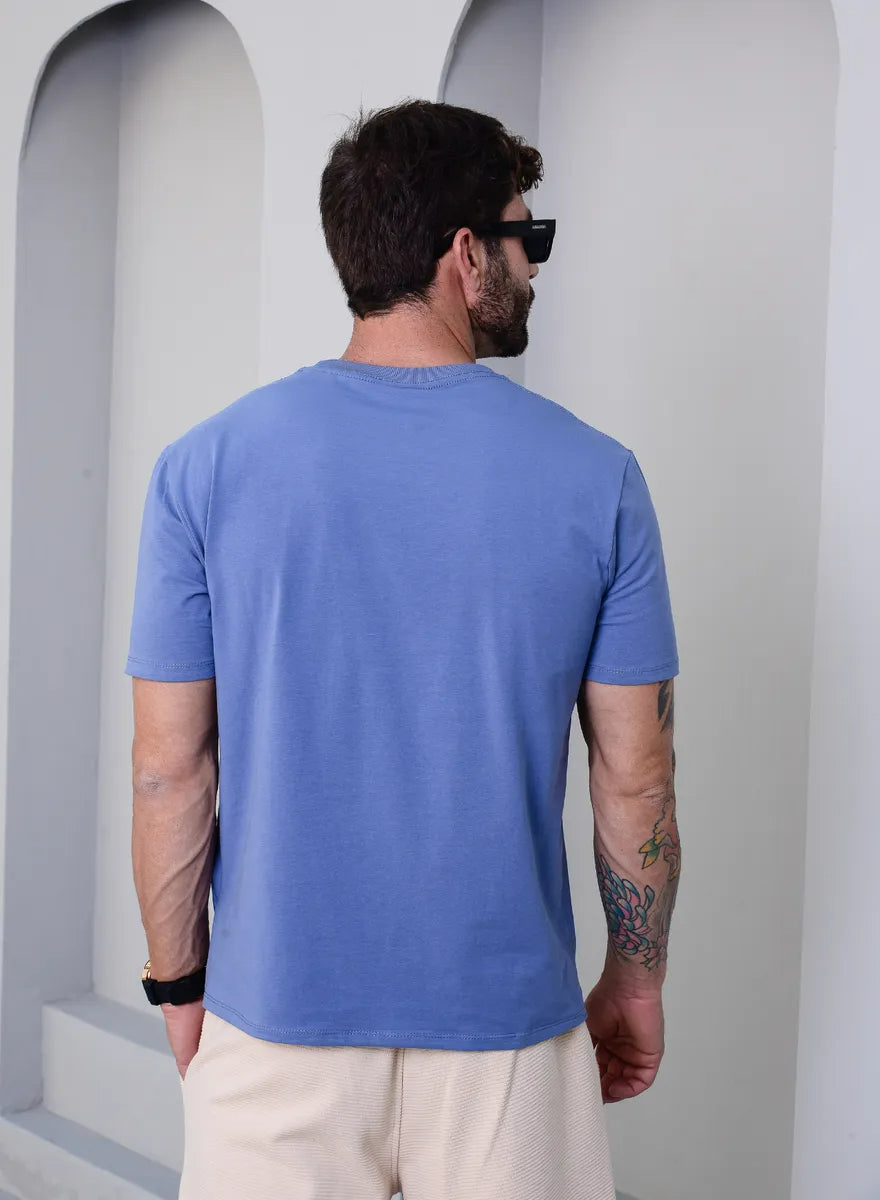 Camiseta Basica Masculina Algodão Lisa Malha Peruana Premium Azul-Aço
