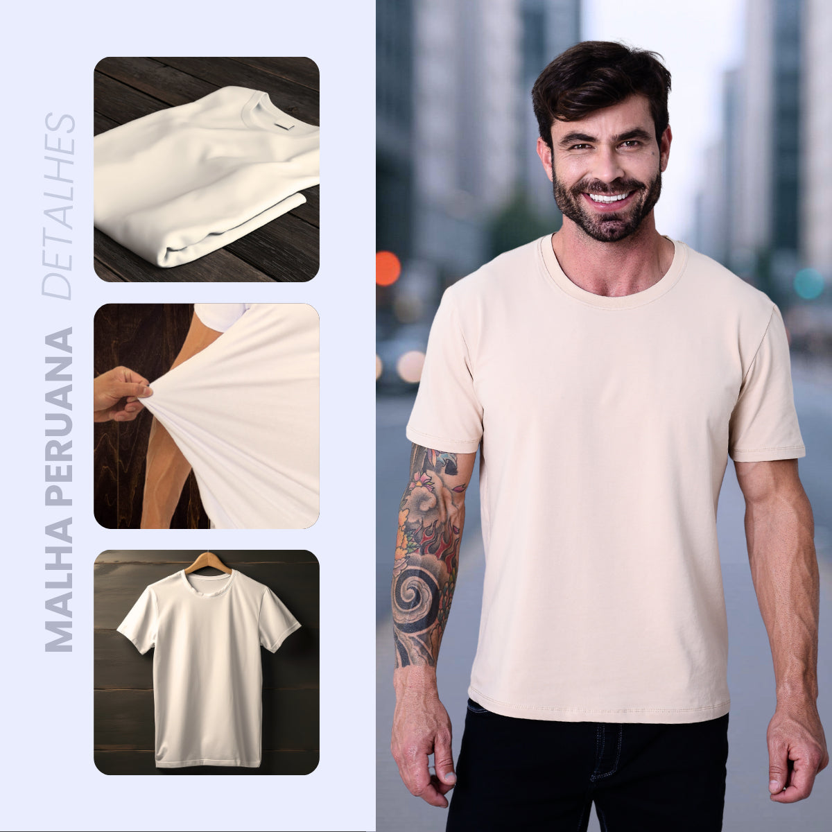 Camiseta Basica Masculina Algodão Lisa Malha Peruana Premium Bege