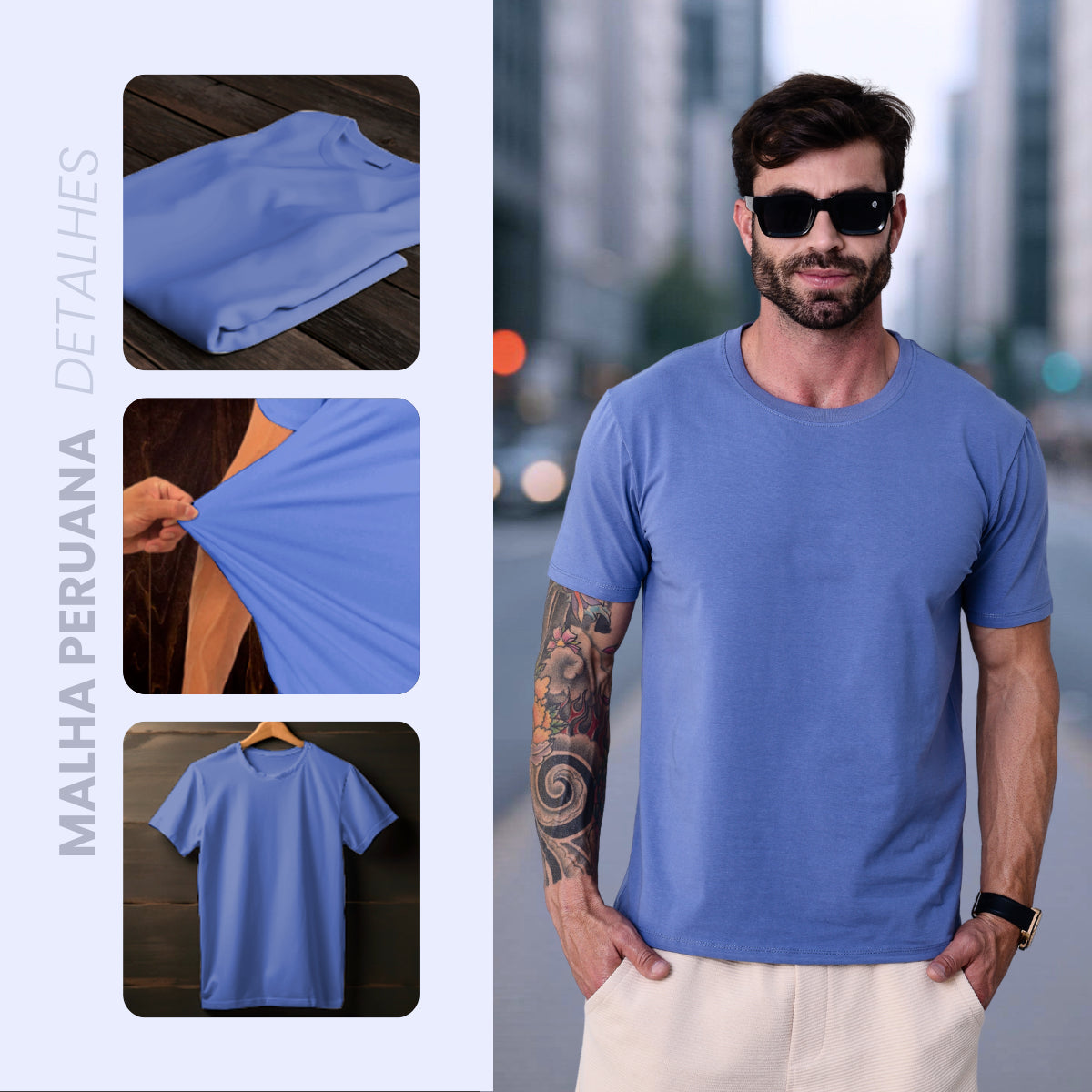 Camiseta Basica Masculina Algodão Lisa Malha Peruana Premium Azul-Aço