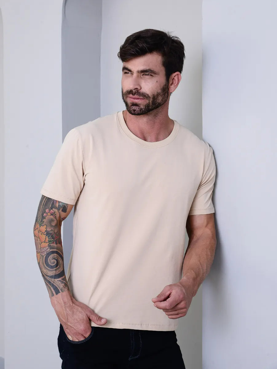 Camiseta Basica Masculina Algodão Lisa Malha Peruana Premium Bege