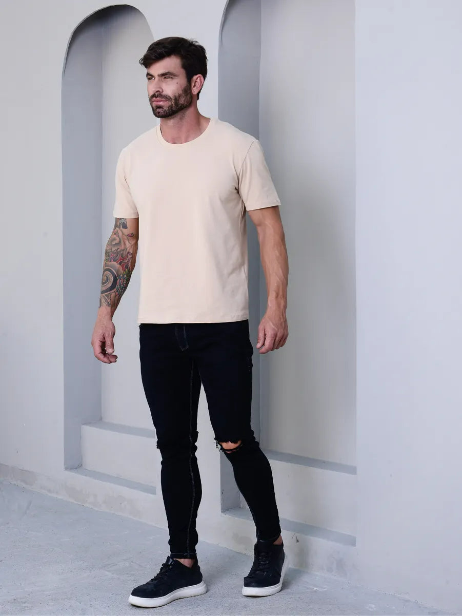 Camiseta Basica Masculina Algodão Lisa Malha Peruana Premium Bege