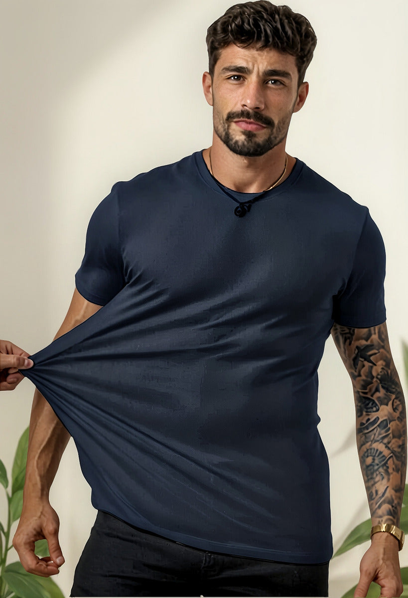 Camiseta Basica Masculina Algodão Lisa Malha Peruana Premium Azul-escuro