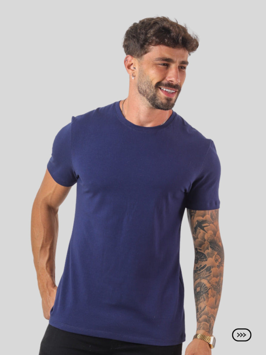 Camiseta Basica Masculina Algodão Lisa Malha Peruana Premium Azul-escuro