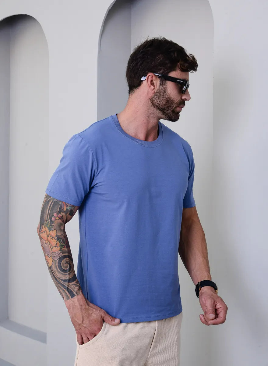 Camiseta Basica Masculina Algodão Lisa Malha Peruana Premium Azul-Aço